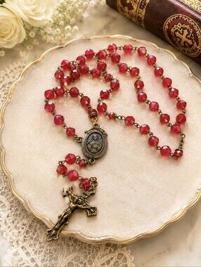 Catholic Red Beaded Rosary Necklace with Cross Sait Therese